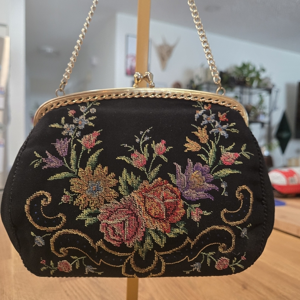 Vintage East German Black Floral Petit Pointe Kisslock Evening Bag